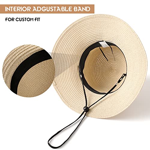 Beach Sun Hats for Women, Wide Brim Straw Hats with Adjustable Band, UPF 50+ Summer Foldable Roll up Hat