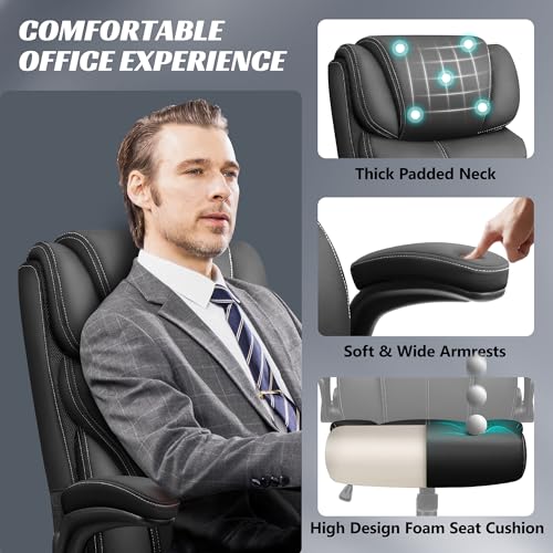 HeroSet Office Chair, Ergonomic Big and Tall Computer Desk Chairs, Executive Breathable Leather Chair with Adjustable High Back Flip-up Armrests, Lumbar Support Swivel PC Chair with Rocking Function