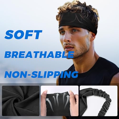 Sweat Band Headband, Sukeen Cooling Headbands for Men, Running Sports Headband, Workout Headband for Yoga, Golf, Gym, Camping, Basketball, Football,Unisex Hairband (4 Pack) 2*Black/2*Grey