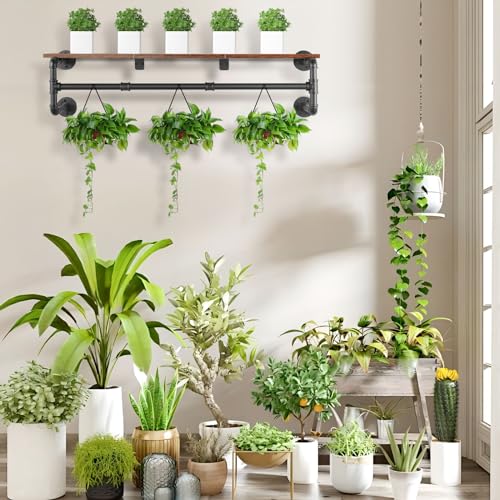 Yawinhe Industrial Pipe Clothing Rack with Shelves, Wall Mounted, Space Saving Closet Rod with 4 Bases, for Shops, Homes, 41.3''Lx10.2''Wx10.2''H, Rustic Brown, 1-Pack