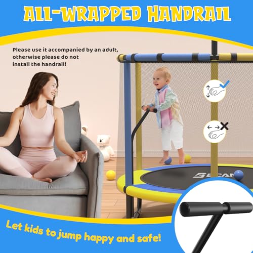 BCAN 60'' Mini Trampoline for Kids, 5FT Toddler Trampoline - Indoor/Outdoor Use with Enclosure Net, Thicker Foam Handle, Adjustable Gymnastics Bars, Basketball Hoop, Gifts for Boys & Girls