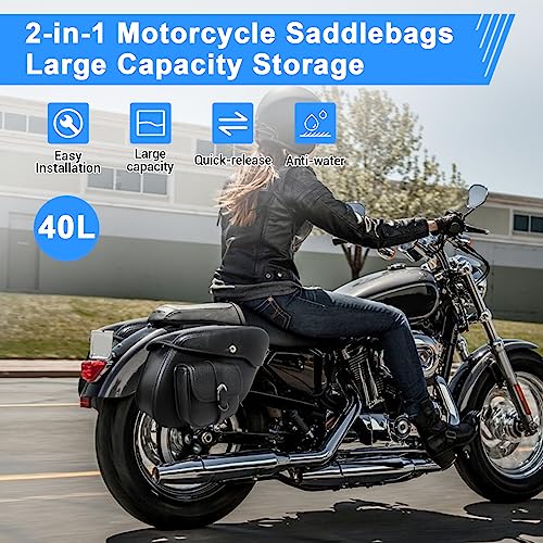 OXMART Motorcycle Saddlebags, Large Capacity Saddle Bags, Waterproof PU Leather Side Bags with White Stitching Quick-release PU Universal for Sportster Shadow Softail Dyna V-star-Upgrade Style