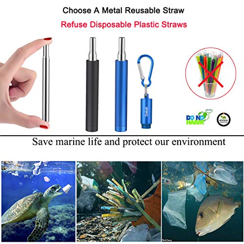 2 Pack Reusable Metal Straws Collapsible Stainless Steel Drinking Straw Travel Portable Telescopic Straw with Case,2 Cleaning Brushes Included Black/Blue