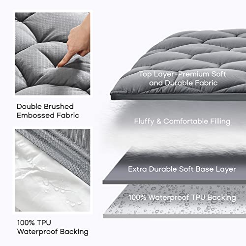 SONIVE Waterproof Mattress Pad Dorm Bedding, Waterproof Fluffy Soft Breathable Noiseless Quilted Fitted Mattress Protector, Down Alternative Filling Topper Deep Pocket up to 21'' (Grey, Twin)