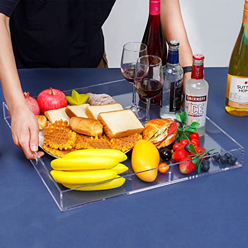 18×18 Inches Clear Acrylic Serving Tray with Handles Extra Large Ottoman Tray Decorative Trays Spill-Proof Coffee Table Space Saver Oversize Counter top Organizer Platter with Safe Edge