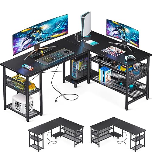 ODK 59" L Shaped Desk with Power Outlet and USB Charging Ports, Reversible L Shaped Computer Desk with Storage Shelves, Home Office Desk, Gaming Desk, Corner Desk, Black