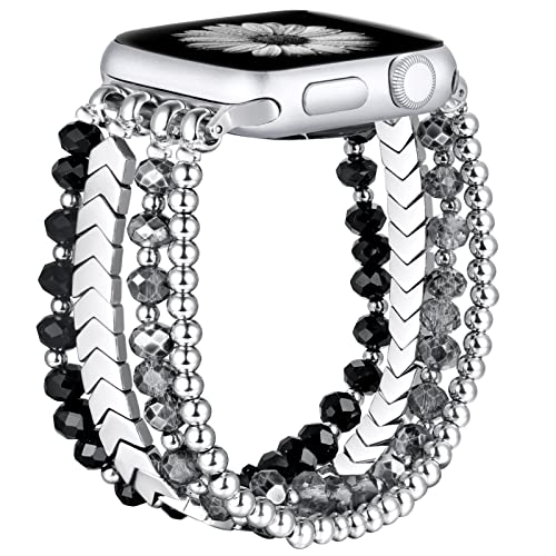 fastgo Beaded Bracelet Band Compatible with Apple Watch 45mm 44mm 42mm 49mm Women Series 7, Crystal Elastic Stretchy Strap for Iwatch SE & Series 9 Ultra 8 7 6 5 4 3 2 1(Black/Silver)
