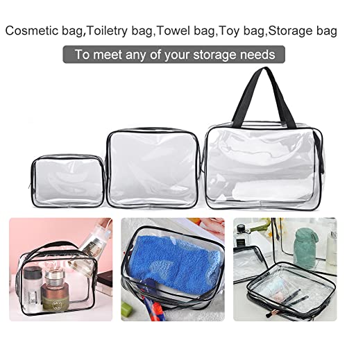 Veki 3Pcs Set Crystal Clear Toiletry Bag TSA Approved Makeup Bag Quart Size Cosmetic Bag Waterproof Travel Bags for Women Men Portable Carry on Airport Airline Compliant Bag with Different Size(Black)