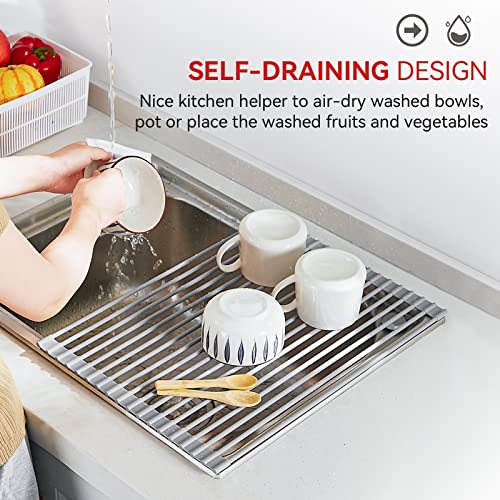 MERRYBOX Roll Up Over The Sink Dish Drying Rack Silicone Wrapped Foldable, Heat-Resistant, Anti-Slip Sink Rack Multipurpose Dish Drainer for Kitchen Sink Counter - Grey, 17.5" x 11"