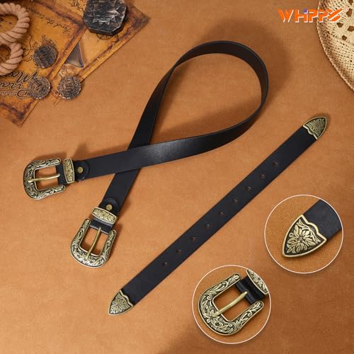 WHIPPY Vintage Western Leather Belt for Women Double Buckle Retro Cowgirl Waist Belts for Jeans Pants Dresses Black Gold, S
