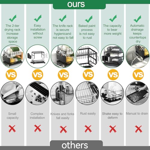 QECOUI 2 Tier Dish Drying Rack for Kitchen Counter, Dish Drainers for Kitchen Counter with Drainboard, Metal Kitchen Dish Rack with Drain, Kitchen Drying Rack Two Tier, Black Dish racks (Black)