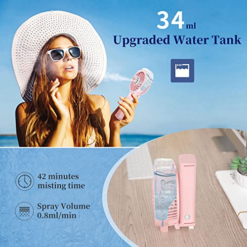 HandFan 2023 Upgraded Portable Misting Fan, 34ml Handheld Personal Mister Fan Rechargeable, Battery Operated Spray Water Mist Fan, Mini Electric Cooling Fans for Makeup Travel Outdoors Disney(Pink)