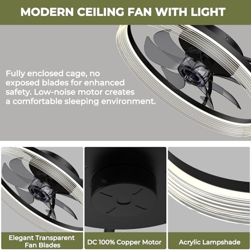 Mcestna Low Profile Ceiling Fan with Light - Flush Mount Ceiling Fan with Remote App Control 20 Inch Black Bedroom Ceiling Fan with Light Dimmable LED Modern Bladeless Ceiling Fan for Living Room