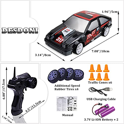 RC Drift Car Remote Control Car 2.4GHz 1:24 Scale 4WD 15KM/H High Speed Model Vehicle LED Lights Drifting Tire Racing Sport Toy Car for Adult Boys Girls Kids Gift 2Pcs Rechargeable Batterie