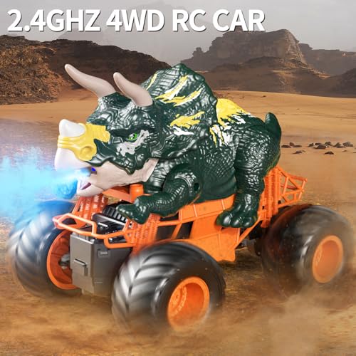 Bennol 2.4GHz Dinosaur Remote Control Car Toys for Kids Boys 4-7 5-7 8-12, RC Dinosaur Car Toys with Light, Sound, Spray, Indoor Outdoor Toys Gifts for 3 4 5 6 Year Old Boys, RC Car Toys for Boys