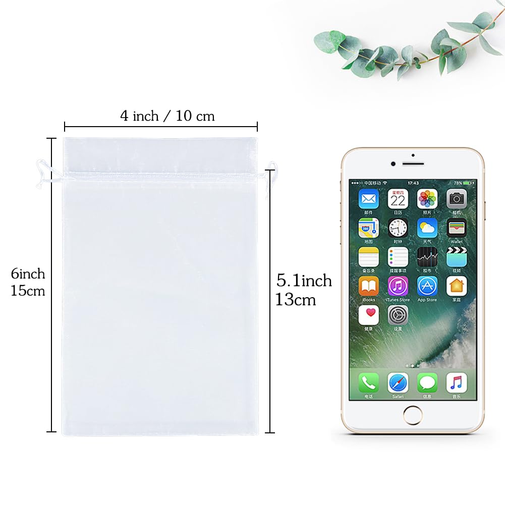 HRX Package 100pcs White Organza Bags, 4x6 inch Mesh Bags Drawstring Gift Bags Jewelry Pouches for Candy Wedding Favors Christmas