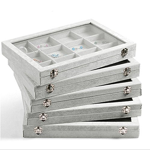 Wudygirl Velvet Jewelry Organizer 2 Layer Jewelry Box Rings Earrings Necklace Organizer Tray Stackable Grid Removable Case Clear Lid（2 Layer）