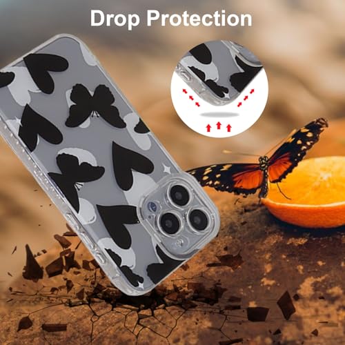 MGQILING Compatible with iPhone 15 Pro Max, Cute Love Heart Butterfly Pattern Clear Case for Women Girls Anti-Drop Protective Transparent case Back Cover-Black