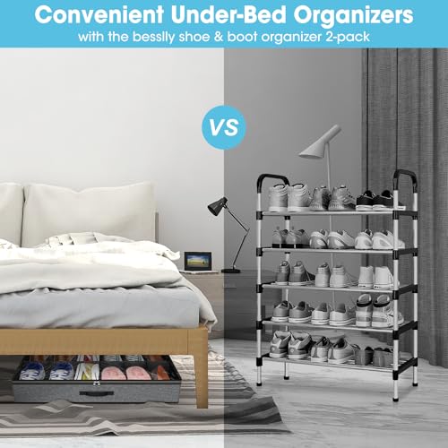 2 Pack Under Bed Shoe Storage Organizer for Closet, Fits Total 24 Pairs Foldable Underbed Shoes Containers Boxes Under the Bed Storage Bedding with Sturdy Handles&Clear Window for College Dorms, Grey