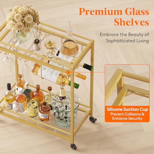 Lifewit Bar Cart, Home Serving Cart with 2 Tier Glass Shelves, Liquor Rolling Cart with Lockable Wheels, Glass Holder and Wine Rack, Beverage Cart for Kitchen Dining Living Room, Gold