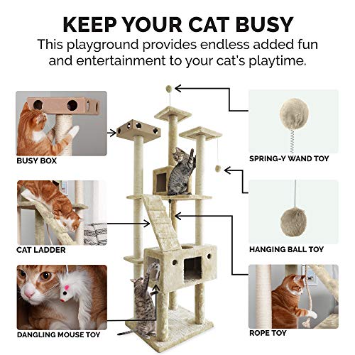 Furhaven 69.3" Tall Cat Tree for Indoor Cats, Ft. Sisal Scratching Posts, 2x Cat Condos, & Toys - Tiger Tough Double Decker Interactive Playground Tower - Cream, One Size