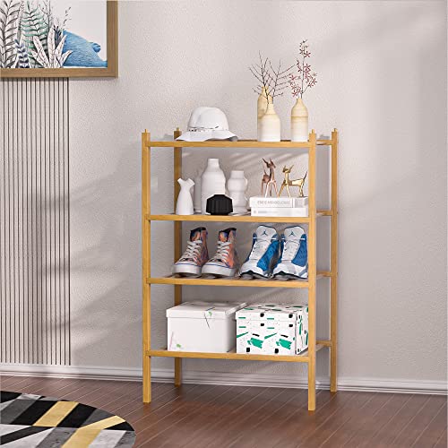 OYREL Narrow Shoe Rack for Closet,Sturdy Small Shoe Rack Organizer,4 Tier Stackable Shoe Storage for Small Space,Beautiful Natural Bamboo Shoe Rack Entryway