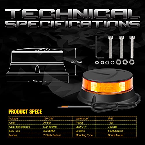 DAYSEN LED Amber Beacon Light, 4.2"Flashing Emergency Strobe Lights, Magnetic Mount 360 °Rotating Rooftop Safety Warning Light for Trucks Tractors Golf Carts UTV & ATV Cars(Magnetic)