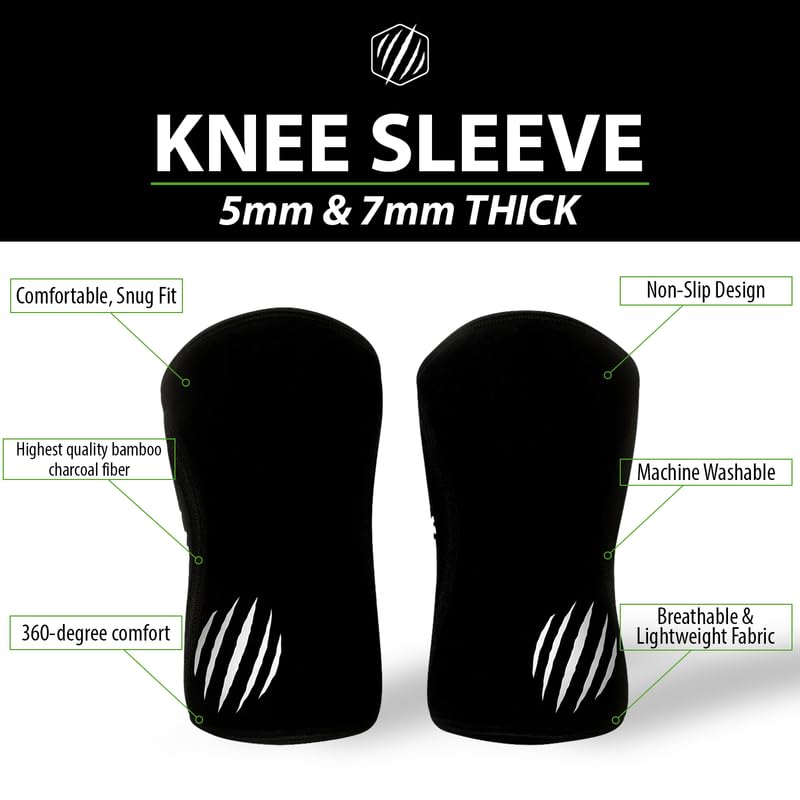 Bear KompleX Knee Sleeves for Weightlifting, Lifting Knee Sleeves for Men & Women, 5mm/7mm Compression Neoprene Knee Sleeve Support for Squats, Powerlifting, Gym & CrossFit