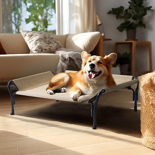 Veehoo Medium Elevated Dog Bed, Guardrail, Non-Slip, Teslin Mesh, 35"L x 26"W x 11"H, Beige Coffee