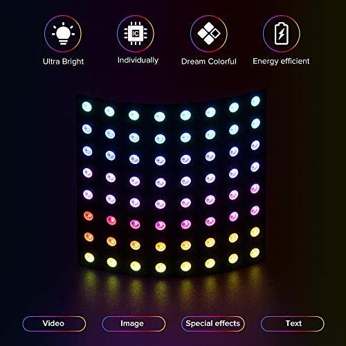 BTF-LIGHTING WS2812B RGB 5050SMD Individually Addressable Digital 8X8 64 Pixels 3.1in x 3.1in LED Matrix Panel Flexible FPCB Full Color Works with SP107E K-100C etc Image Video Display DC5V