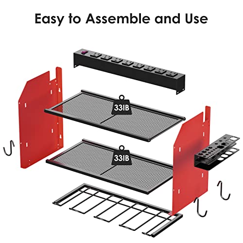 CCCEI Modular Power Tool Organizer Wall Mount with Charging Station. Garage 4 Drill Storage Shelf with Hooks, Screwdriver, Drill Bit Heavy Duty Rack, Tool Battery Holder Built in 8 Outlet Power Strip.