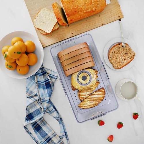 Bread Box for Kitchen Counter Airtight with Bread Bag & Tongs, Bread Storage Container with Time Recording Lid for Homemade Bread, Bread Keeper for Loaf, Toast, Bagel, Donut, Bread Saver Holder (Grey)