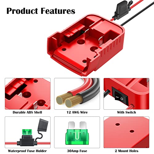 Power Wheels Adapter for Milwaukee M18 Battery Adapter 18V Power Wheels Battery Conversion Kit with Switch, Fuse & Wire Terminals, 12AWG Wire, Power Connector for DIY Rc Car Toys and Robotics