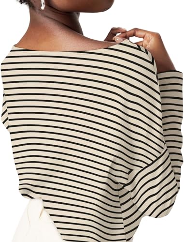 OFEEFAN Long Sleeve Shirts for Women 2024 Boat Neck Striped Shirt Womens Long Sleeve Tops Loose Womens Tunic Tops Apricot Green Stripe L