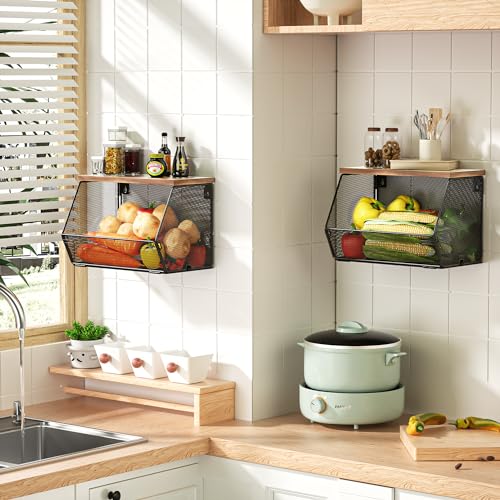 Stackable Fruit Basket Wire Baskets with Wood Lid, Wall Mounted Produce Basket for Fruit and Vegetable Storage, Countertop Onion and Potato Storage, Litwaro 7.1"W & 11.1"W Kitchen Counter Organizer