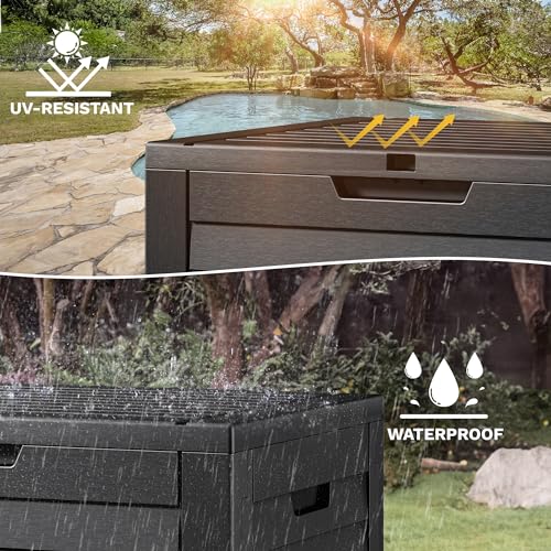 DWVO Louvered Large Deck Box, 31 Gallon Resin Outdoor Storage Box w/Lockable Lid and Side Handles for Patio Furniture, Garden Tools and Pool Supplies,Waterproof and UV Resistant, Black