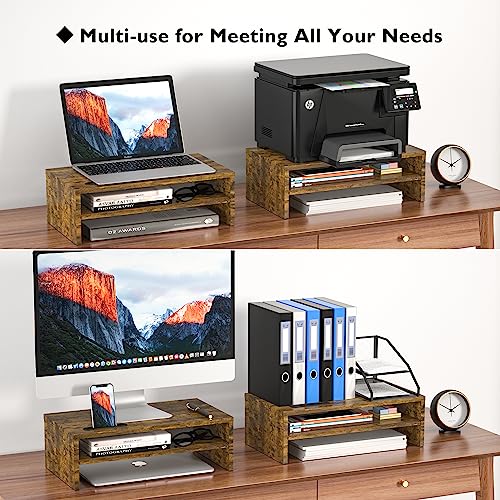 BONTEC Monitor Stand Riser, 2 Tiers Wood Monitor Riser Stand with Storage Organizer, Desktop Ergonomic Monitor Stand Riser with Cellphone Holder and Cable Management, 16.5 Inch Shelf, Maple