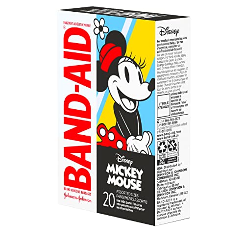 Band-Aid Brand Adhesive Bandages for Minor Cuts & Scrapes, Wound Care Featuring Disney's Mickey Mouse, Fun Bandages for Kids and Toddlers, Assorted Sizes, 20 Count