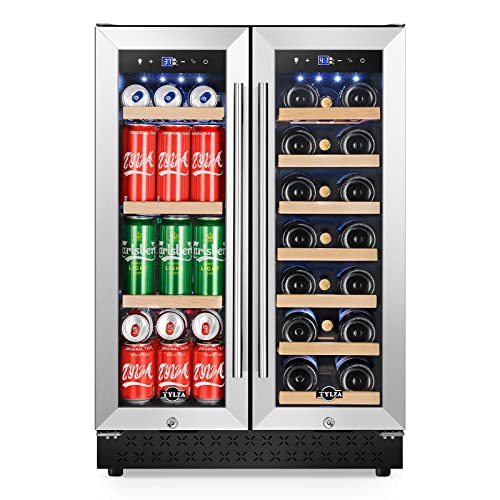 Tylza 24 Inch Wine Cooler Refrigerator 51 Bottle Built-in or Freestanding 24'' Fridge with Stainless Steel & Double Layer Tempered Glass Door and Temperature Memory Function