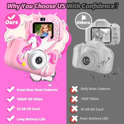 Dinosaur Kids Camera for Boys Girls, Toddler Digital Selfie Camera with Cute Protective Cover and 32G SD Card, Christmas Birthday Gifts Toys for 3 4 5 6 7 8 9 10 11 12 Years Old Little Girls and Boys