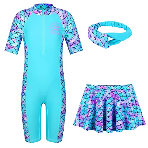 TFJH E 3 Piece Girls Swimsuit Set Bathing Suit Short Sleeve Sun Protection 50+ Swimming Skirt Zip Cyan Scale Short 4A