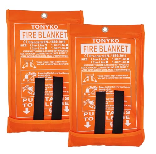 TONYKO Emergency Fire Blanket for Home and Kitchen -2Pack- Orange - Fire Suppression Blanket, Fiberglass Fireproof Blanket