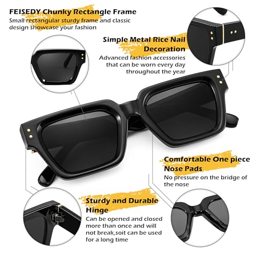 FEISEDY Retro Rectangle Sunglasses Trendy Chunky Square Sun Glasses for Women Men UV400 Protection B0073