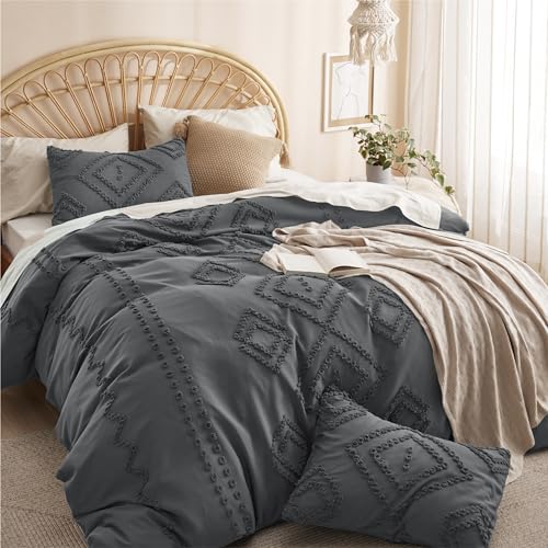 Bedsure Striped Tufted Duvet Cover Queen - Shabby Chic Duvet Cover, 3pcs All-Season Size Boho Bedding for All Seasons, Includes 1 Queen Duvet Cover & 2 Pillowcases (Navy, Queen, 90"x90")