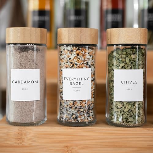 24 Glass Spice Jars with Label, Round Bamboo Spice Jar Set 4oz Seasoning Containers with Labels, 374 Spice Labels, Spice Bottles Funnel Empty Spice Jars and Shaker Lids Spice Containers and Grinder