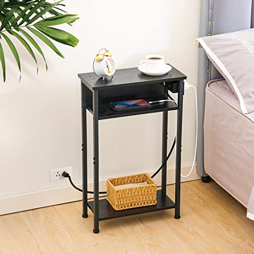 AMHANCIBLE Narrow Side Table Set of 2 with Charging Station, Small End Tables for Small Spaces, 3-Tier Skinny Side Table, Narrow End Table with USB Ports, Narrow Nightstand Set 2, Black, HETN03BK
