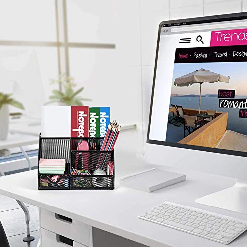 Refand Mesh Desk Organizer, Desktop Office Supplies Multi-Functional Caddy Pen Holder Stationery with 6 Compartments and 1 Drawer for Office, Home, School, Classroom