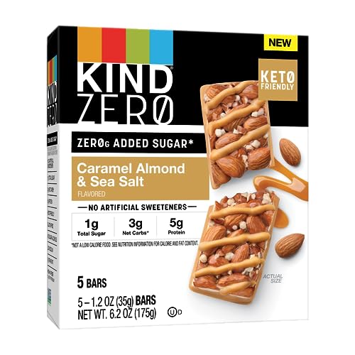 KIND ZERO Added Sugar Bars, Keto Friendly Snacks, Caramel Almond and Sea Salt Flavored, 6.2oz Box (5 Bars)