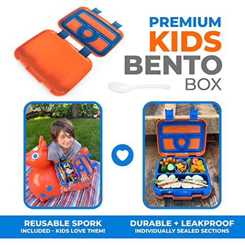 kinsho Bento Lunch Box for Kids Toddlers Boys, 5 Portion Sections Secure Lid, Microwave Safe BPA Free Removable Tray, Pre-School Kid Daycare Lunches Snack Container Ages 3 to 5, Blue Orange