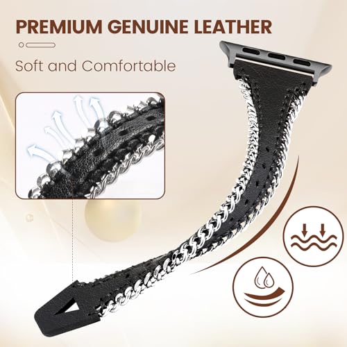 Ruibopad Leather Strap for Apple Watch Bands 40mm 41mm 38mm, Cute Slim Chain Bracelet for iWatch Bands Series 9 SE 8 7 6 5 4 3 2 1, Thin Genuine Leather Wristband for Apple Watch Women Men Black